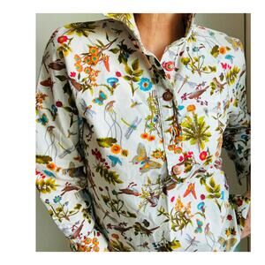 Vintage Cotton Blouse Bird Print Neutral Tones Size Small Forsestcore Nature